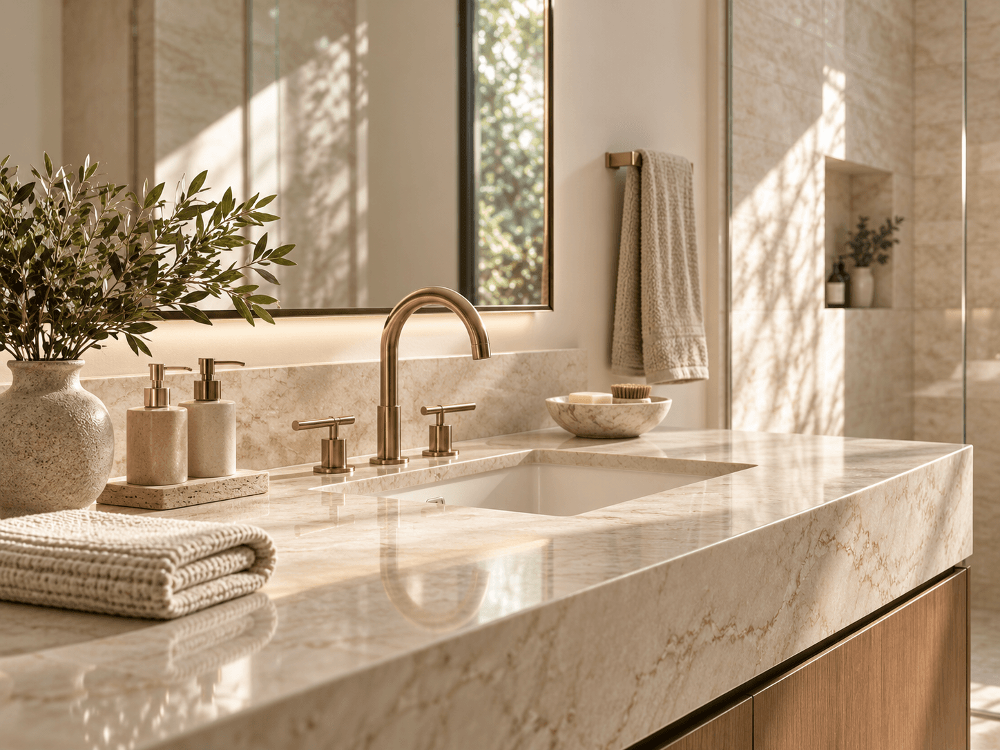 Detailed bathroom vanity with stone surfaces and polished fixtures