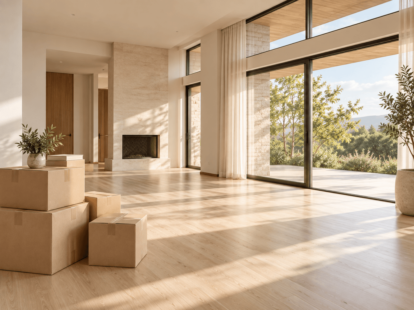 Bright empty residential interior with moving boxes